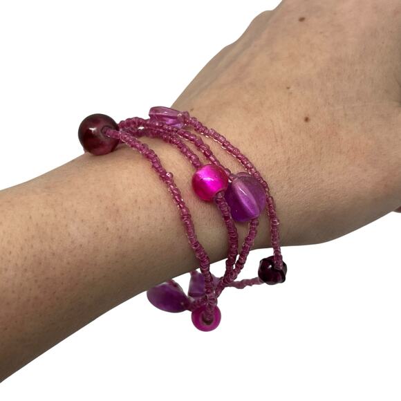 Boho Y2K Stretch Bead Bracelet Set in Shades of Purple & Pink, Multi-Strand - Picture 1 of 5
